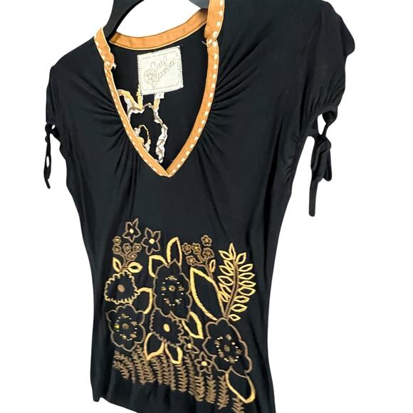 Soul Revival Shirt Womens S Black Tan Embroidered Leather Trim Western Boho Top - Picture 2 of 13
